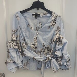 White House Black Market Blue Pinstripe Black Floral V Neck Blouse Drama Ruching
